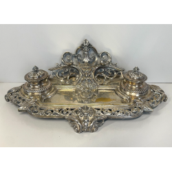 ANTICO GRANDE CALAMAIO MASCHERONE OTTONE ARGENTATO '900 VITTORIANO SCRIVANIA