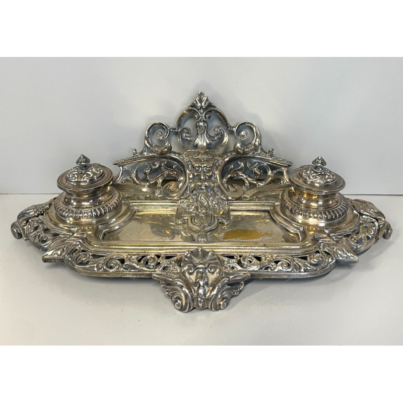 ANTICO GRANDE CALAMAIO MASCHERONE OTTONE ARGENTATO '900 VITTORIANO SCRIVANIA