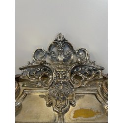 ANTICO GRANDE CALAMAIO MASCHERONE OTTONE ARGENTATO '900 VITTORIANO SCRIVANIA