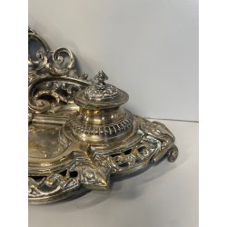 ANTICO GRANDE CALAMAIO MASCHERONE OTTONE ARGENTATO '900 VITTORIANO SCRIVANIA