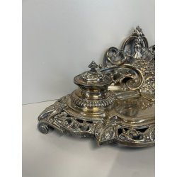 ANTICO GRANDE CALAMAIO MASCHERONE OTTONE ARGENTATO '900 VITTORIANO SCRIVANIA