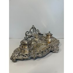 ANTICO GRANDE CALAMAIO MASCHERONE OTTONE ARGENTATO '900 VITTORIANO SCRIVANIA