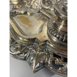 ANTICO GRANDE CALAMAIO MASCHERONE OTTONE ARGENTATO '900 VITTORIANO SCRIVANIA