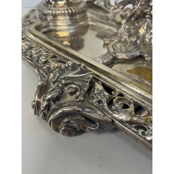 ANTICO GRANDE CALAMAIO MASCHERONE OTTONE ARGENTATO '900 VITTORIANO SCRIVANIA