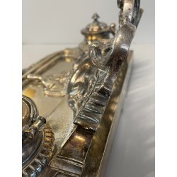 ANTICO GRANDE CALAMAIO MASCHERONE OTTONE ARGENTATO '900 VITTORIANO SCRIVANIA