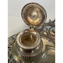 ANTICO GRANDE CALAMAIO MASCHERONE OTTONE ARGENTATO '900 VITTORIANO SCRIVANIA