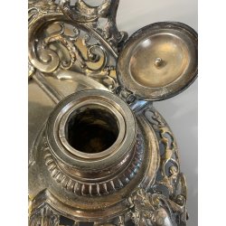 ANTICO GRANDE CALAMAIO MASCHERONE OTTONE ARGENTATO '900 VITTORIANO SCRIVANIA