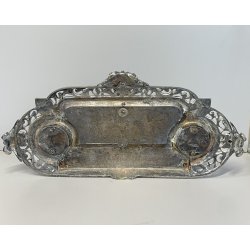 ANTICO GRANDE CALAMAIO MASCHERONE OTTONE ARGENTATO '900 VITTORIANO SCRIVANIA