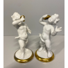 COPPIA ANGELI PORCELLANA CAPODIMONTE bianco lucido ORO PUTTI CHERUBINI 9511-9512