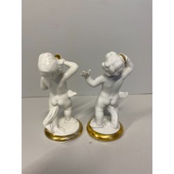 COPPIA ANGELI PORCELLANA CAPODIMONTE bianco lucido ORO PUTTI CHERUBINI 9511-9512