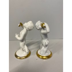 COPPIA ANGELI PORCELLANA CAPODIMONTE bianco lucido ORO PUTTI CHERUBINI 9511-9512