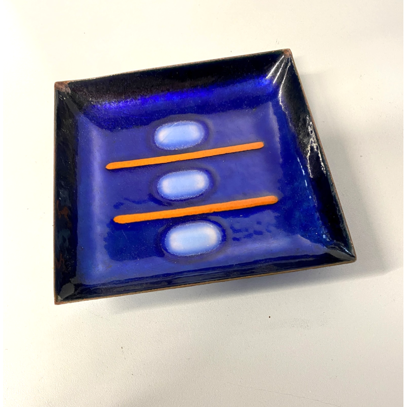 PIATTINO QUADRATO Studio Laurana PESARO RAME SMALTO GRAN FUOCO BLU ROSSO '50/'60