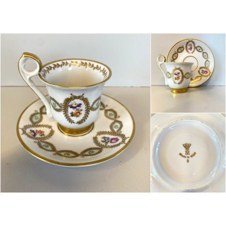 TAZZINA CAFFE  PORCELLANA  "PM"Made GDR DECORO CLASSICO FIORI FOGLIE ORO VINTAGE