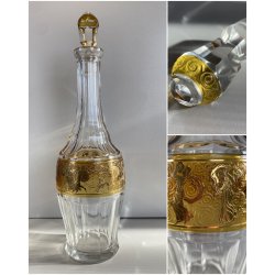 DECANTER LIQUORE CRISTALLO SFACCETTATO DECORO DORATO NEOCLASSICO MIDCENTURY