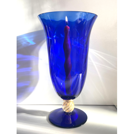 GRANDE VASO PORTACANDELA VETRO BLU MURANO DESIGN FOGLIA ORO h 32 cm VASE ITALIA
