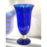 GRANDE VASO PORTACANDELA VETRO BLU MURANO DESIGN FOGLIA ORO h 32 cm VASE ITALIA