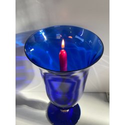 GRANDE VASO PORTACANDELA VETRO BLU MURANO DESIGN FOGLIA ORO h 32 cm VASE ITALIA