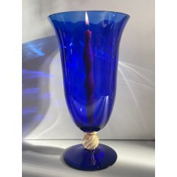 GRANDE VASO PORTACANDELA VETRO BLU MURANO DESIGN FOGLIA ORO h 32 cm VASE ITALIA