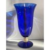 GRANDE VASO PORTACANDELA VETRO BLU MURANO DESIGN FOGLIA ORO h 32 cm VASE ITALIA