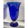 GRANDE VASO PORTACANDELA VETRO BLU MURANO DESIGN FOGLIA ORO h 32 cm VASE ITALIA