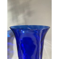 GRANDE VASO PORTACANDELA VETRO BLU MURANO DESIGN FOGLIA ORO h 32 cm VASE ITALIA