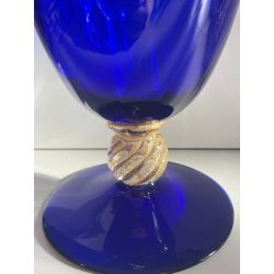GRANDE VASO PORTACANDELA VETRO BLU MURANO DESIGN FOGLIA ORO h 32 cm VASE ITALIA