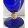 GRANDE VASO PORTACANDELA VETRO BLU MURANO DESIGN FOGLIA ORO h 32 cm VASE ITALIA