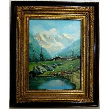ANTICO QUADRO OLIO TELA VEDUTA MONTAGNA LAGO FIORI BAITA ALPEGGIO TORINESE '900