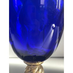 GRANDE VASO PORTACANDELA VETRO BLU MURANO DESIGN FOGLIA ORO h 32 cm VASE ITALIA