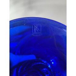 GRANDE VASO PORTACANDELA VETRO BLU MURANO DESIGN FOGLIA ORO h 32 cm VASE ITALIA