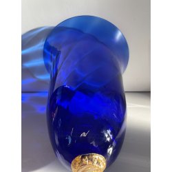 GRANDE VASO PORTACANDELA VETRO BLU MURANO DESIGN FOGLIA ORO h 32 cm VASE ITALIA