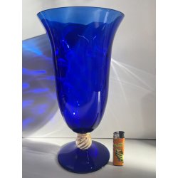 GRANDE VASO PORTACANDELA VETRO BLU MURANO DESIGN FOGLIA ORO h 32 cm VASE ITALIA