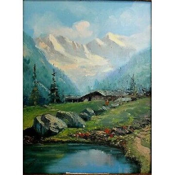 ANTICO QUADRO OLIO TELA VEDUTA MONTAGNA LAGO FIORI BAITA ALPEGGIO TORINESE '900