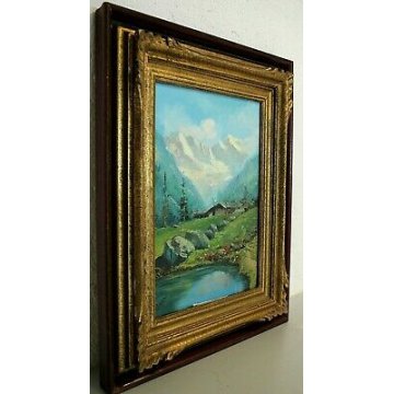 ANTICO QUADRO OLIO TELA VEDUTA MONTAGNA LAGO FIORI BAITA ALPEGGIO TORINESE '900