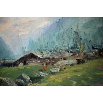 ANTICO QUADRO OLIO TELA VEDUTA MONTAGNA LAGO FIORI BAITA ALPEGGIO TORINESE '900