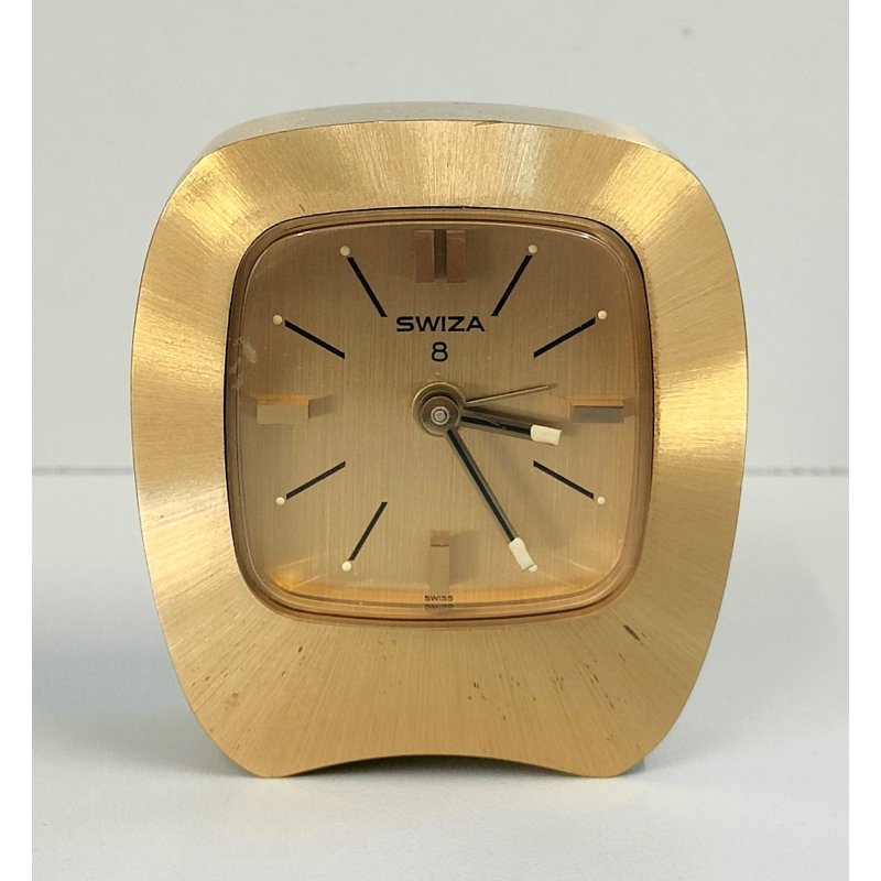 Swiza 8 days OROLOGIO TAVOLO DORATO con SUONERIA anni 70 Old Alarm Desk Clock