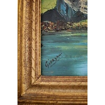 ANTICO QUADRO OLIO TELA VEDUTA MONTAGNA LAGO FIORI BAITA ALPEGGIO TORINESE '900