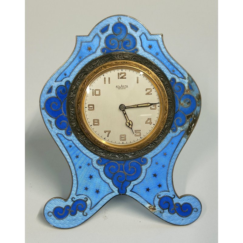 Atlanta OROLOGIO TAVOLO Art Déco OTTONE SMALTATO epoca 900 GUILLOCHE Desk Clock