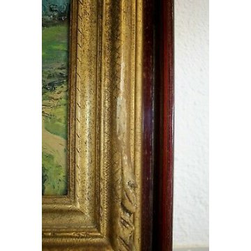 ANTICO QUADRO OLIO TELA VEDUTA MONTAGNA LAGO FIORI BAITA ALPEGGIO TORINESE '900