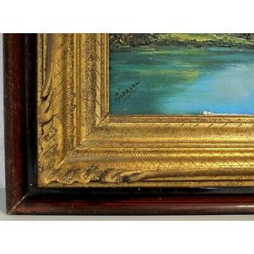 ANTICO QUADRO OLIO TELA VEDUTA MONTAGNA LAGO FIORI BAITA ALPEGGIO TORINESE '900