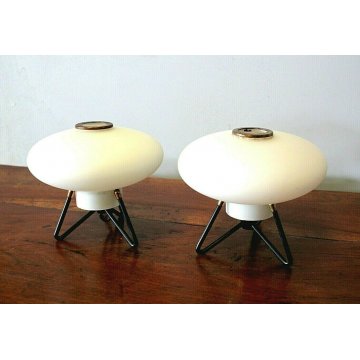 COPPIA ABAT-JOUR LAMPADE VINTAGE TABLE LAMP VETRO OPALINO METALLO STILNOVO '50
