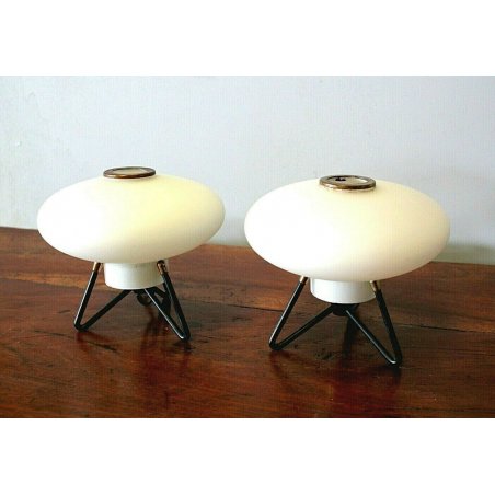 COPPIA ABAT-JOUR LAMPADE VINTAGE TABLE LAMP VETRO OPALINO METALLO STILNOVO '50