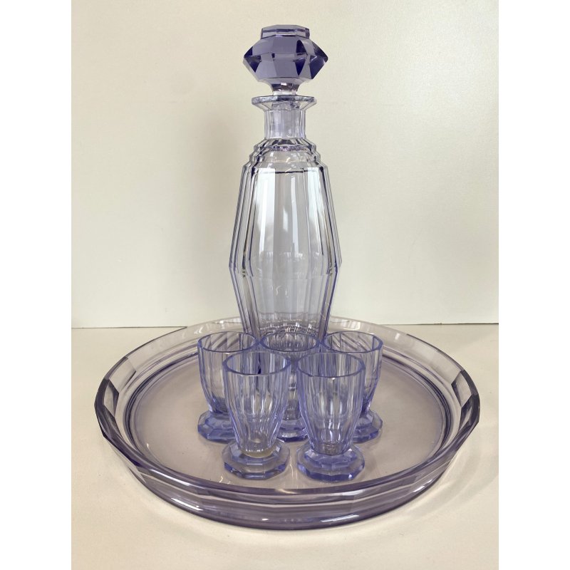 DECANTER 5 BICCHIERI VASSOIO CRISTALLO BOHEMIA AMETISTA SFACCETTATO ART DECO'