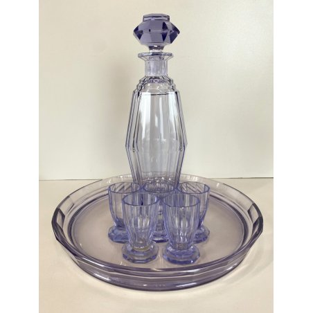DECANTER 5 BICCHIERI VASSOIO CRISTALLO BOHEMIA AMETISTA SFACCETTATO ART DECO'