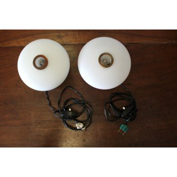 COPPIA ABAT-JOUR LAMPADE VINTAGE TABLE LAMP VETRO OPALINO METALLO STILNOVO '50