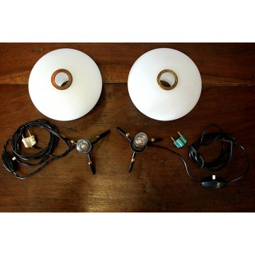 COPPIA ABAT-JOUR LAMPADE VINTAGE TABLE LAMP VETRO OPALINO METALLO STILNOVO '50