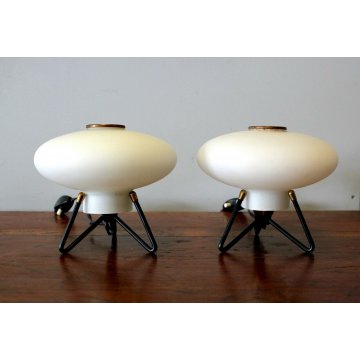 COPPIA ABAT-JOUR LAMPADE VINTAGE TABLE LAMP VETRO OPALINO METALLO STILNOVO '50