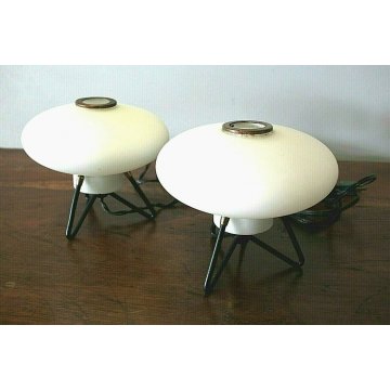 COPPIA ABAT-JOUR LAMPADE VINTAGE TABLE LAMP VETRO OPALINO METALLO STILNOVO '50