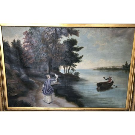 ANTICO GRANDE QUADRO DIPINTO OLIO TELA Elena Gerlach PAESAGGIO NORDICO 1895