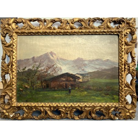 GRANDE ANTICO DIPINTO OLIO ALPEGGIO MONTAGNE BAITA PAESAGGIO MONTANO FIGURA '800